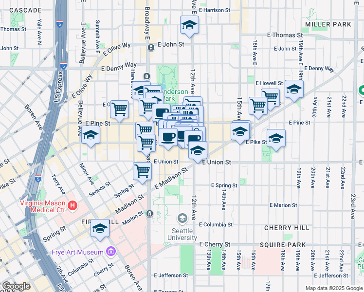 map of restaurants, bars, coffee shops, grocery stores, and more near 1515 12th Avenue in Seattle