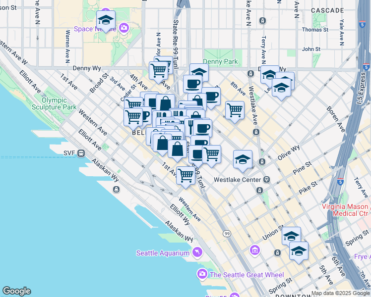 map of restaurants, bars, coffee shops, grocery stores, and more near in Seattle