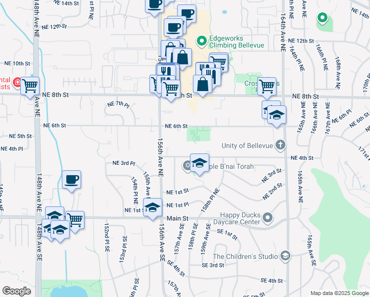 map of restaurants, bars, coffee shops, grocery stores, and more near 15726 Northeast 4th Street in Bellevue