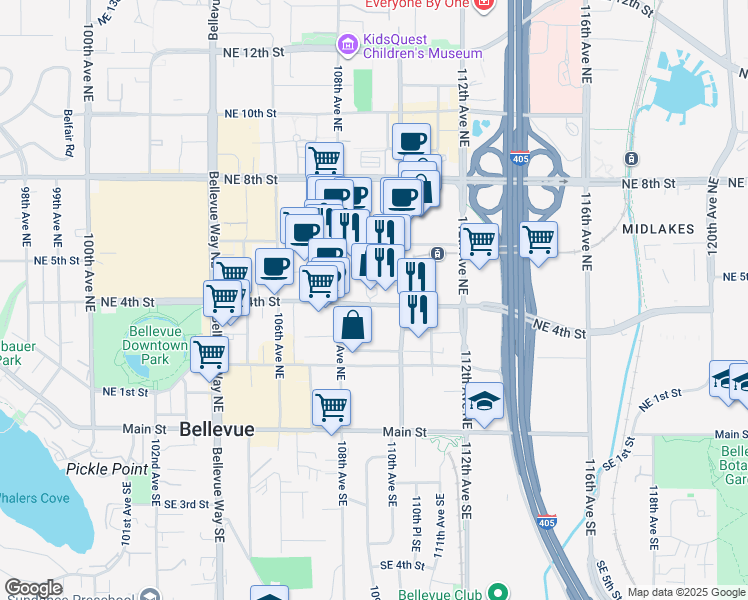 map of restaurants, bars, coffee shops, grocery stores, and more near 10900 Northeast 4th Street in Bellevue
