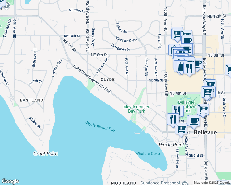 map of restaurants, bars, coffee shops, grocery stores, and more near 9533 Northeast 1st Street in Bellevue