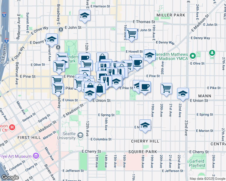 map of restaurants, bars, coffee shops, grocery stores, and more near 1420 East Madison Street in Seattle