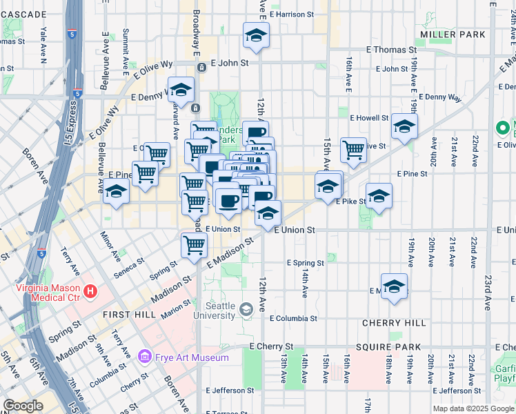 map of restaurants, bars, coffee shops, grocery stores, and more near 1515 12th Avenue in Seattle