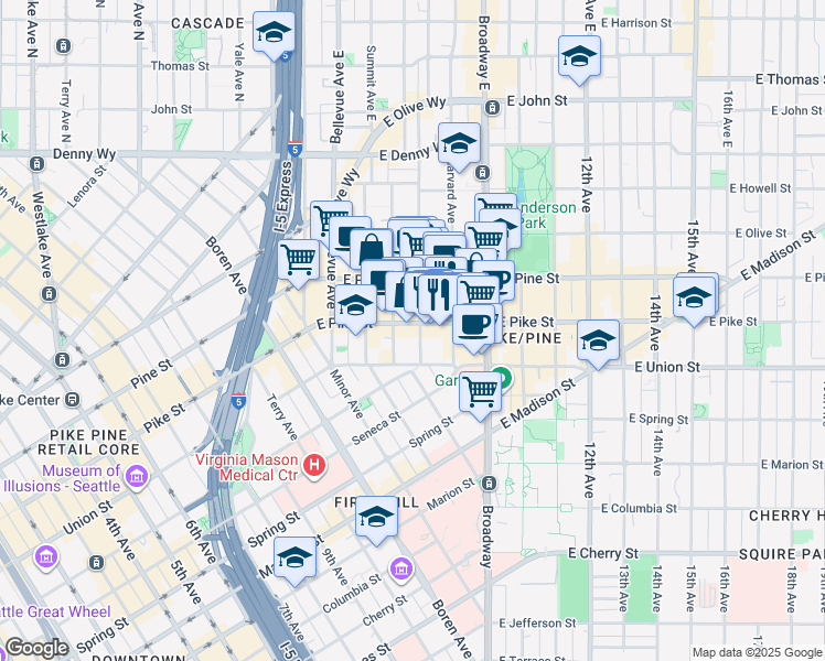 map of restaurants, bars, coffee shops, grocery stores, and more near 1511 Boylston Avenue in Seattle