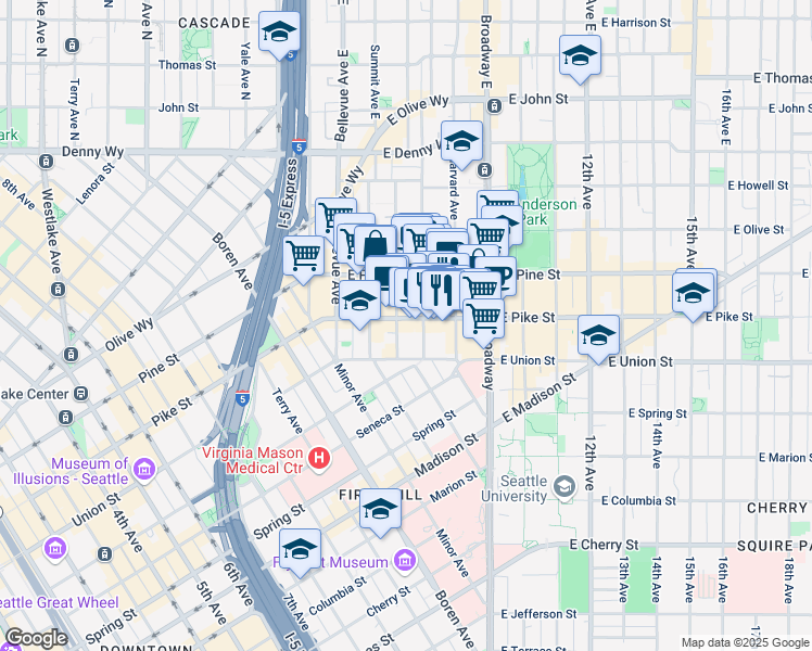 map of restaurants, bars, coffee shops, grocery stores, and more near 1511 Boylston Avenue in Seattle