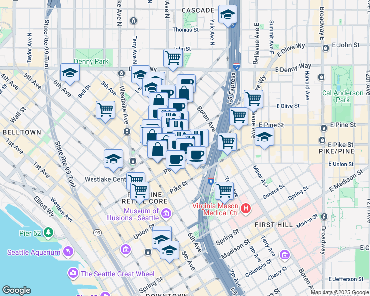 map of restaurants, bars, coffee shops, grocery stores, and more near 809 Olive Way in Seattle