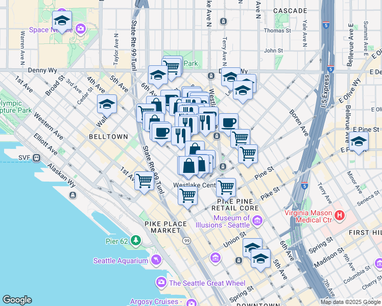 map of restaurants, bars, coffee shops, grocery stores, and more near in Seattle