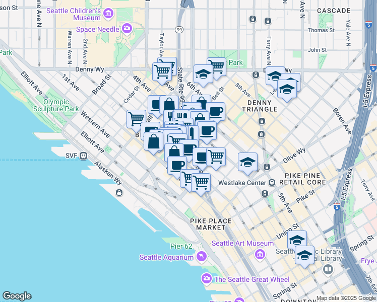 map of restaurants, bars, coffee shops, grocery stores, and more near in Seattle