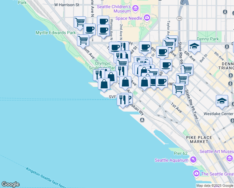 map of restaurants, bars, coffee shops, grocery stores, and more near 2601 Elliott Avenue in Seattle