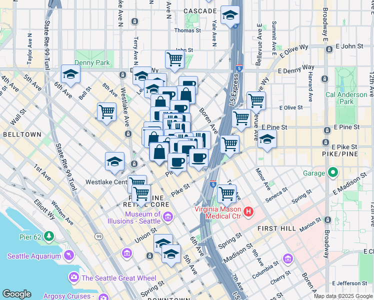 map of restaurants, bars, coffee shops, grocery stores, and more near 1619 9th Avenue in Seattle