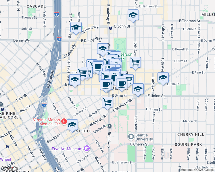 map of restaurants, bars, coffee shops, grocery stores, and more near 1401 Broadway in Seattle