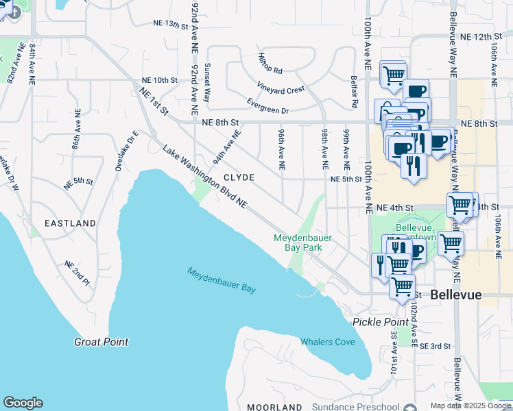 map of restaurants, bars, coffee shops, grocery stores, and more near 9533 Northeast 1st Street in Bellevue