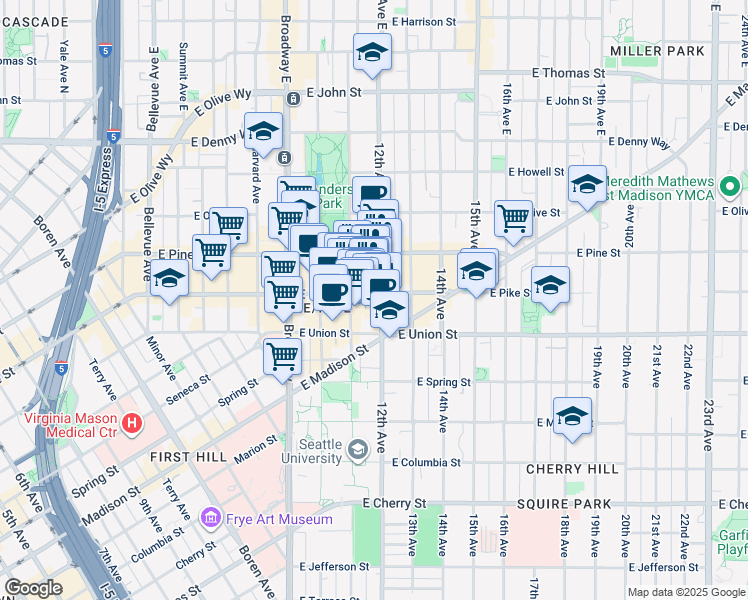 map of restaurants, bars, coffee shops, grocery stores, and more near 1433 12th Avenue in Seattle