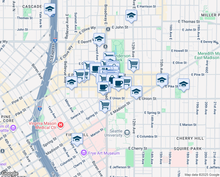 map of restaurants, bars, coffee shops, grocery stores, and more near 1514 Broadway in Seattle