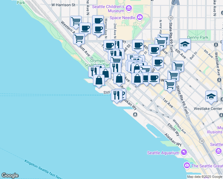 map of restaurants, bars, coffee shops, grocery stores, and more near 2711 Alaskan Way in Seattle