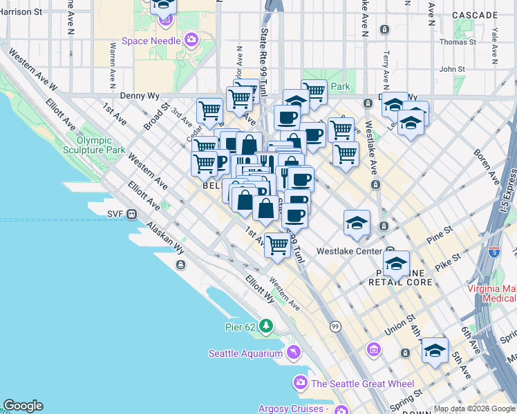map of restaurants, bars, coffee shops, grocery stores, and more near 2224 2nd Avenue in Seattle