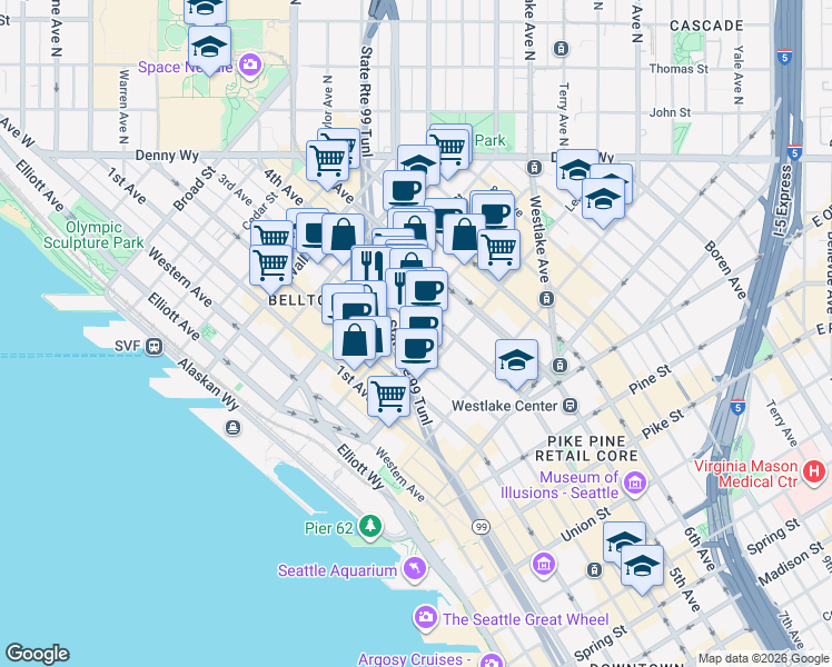 map of restaurants, bars, coffee shops, grocery stores, and more near 318 Blanchard Street in Seattle