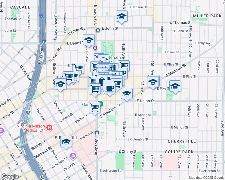 map of restaurants, bars, coffee shops, grocery stores, and more near 1427 10th Avenue in Seattle