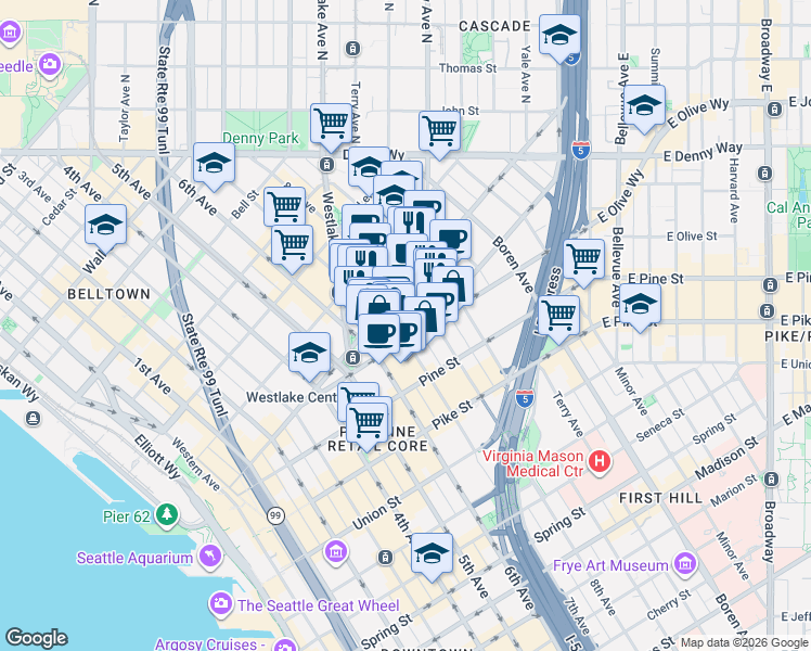 map of restaurants, bars, coffee shops, grocery stores, and more near in Seattle