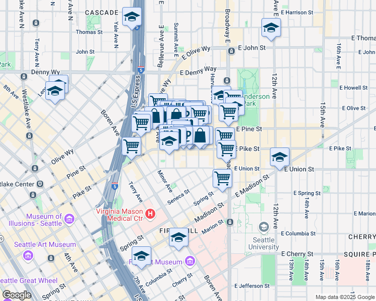 map of restaurants, bars, coffee shops, grocery stores, and more near 601 East Pike Street in Seattle