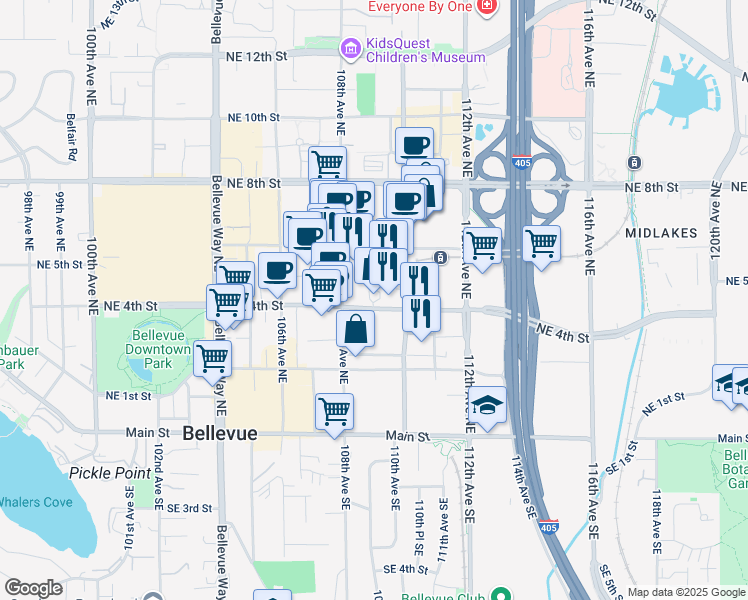 map of restaurants, bars, coffee shops, grocery stores, and more near 10900 Northeast 4th Street in Bellevue