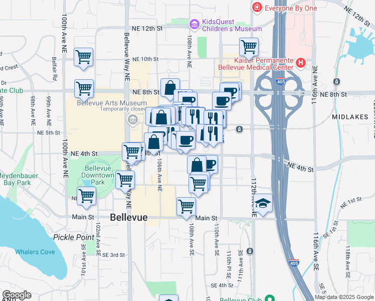 map of restaurants, bars, coffee shops, grocery stores, and more near 450 108th Avenue Northeast in Bellevue