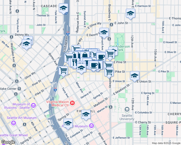 map of restaurants, bars, coffee shops, grocery stores, and more near in Seattle
