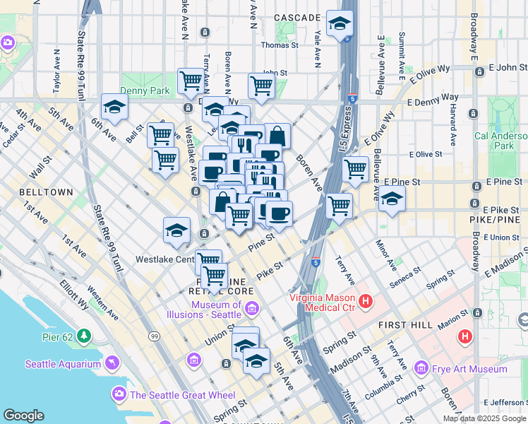 map of restaurants, bars, coffee shops, grocery stores, and more near 823 Howell Street in Seattle
