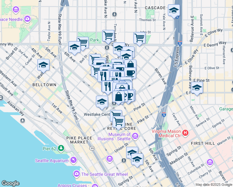 map of restaurants, bars, coffee shops, grocery stores, and more near 1913 7th Avenue in Seattle