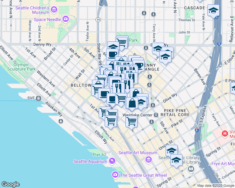 map of restaurants, bars, coffee shops, grocery stores, and more near 2115 5th Avenue in Seattle