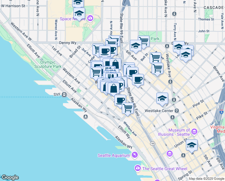 map of restaurants, bars, coffee shops, grocery stores, and more near 2312 2nd Avenue in Seattle