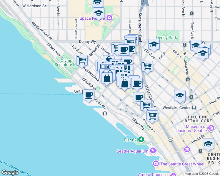 map of restaurants, bars, coffee shops, grocery stores, and more near in Seattle