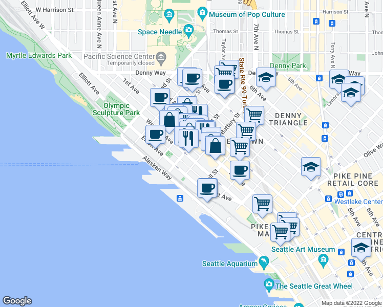 map of restaurants, bars, coffee shops, grocery stores, and more near 2521 1st Avenue in Seattle