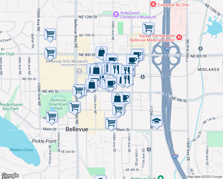 map of restaurants, bars, coffee shops, grocery stores, and more near 411 108th Avenue Northeast in Bellevue