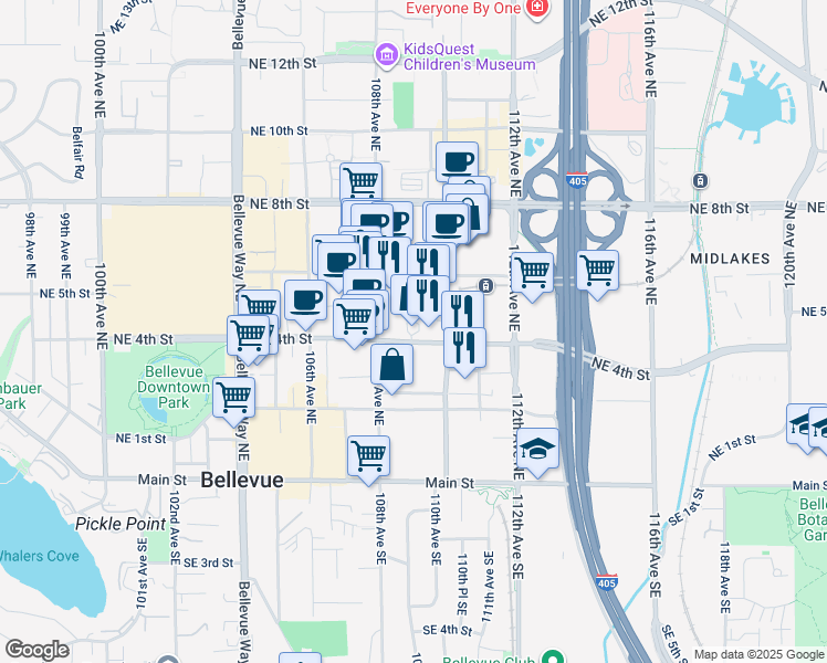 map of restaurants, bars, coffee shops, grocery stores, and more near 10900 Northeast 4th Street in Bellevue