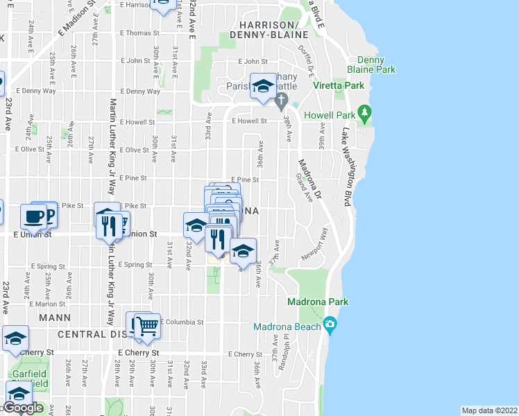map of restaurants, bars, coffee shops, grocery stores, and more near East Pike Street & 36th Avenue in Seattle
