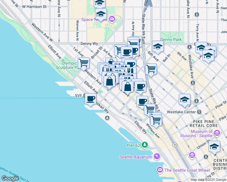 map of restaurants, bars, coffee shops, grocery stores, and more near 2400 Western Avenue in Seattle