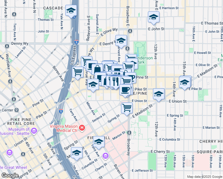 map of restaurants, bars, coffee shops, grocery stores, and more near 709 E Pike St in Seattle