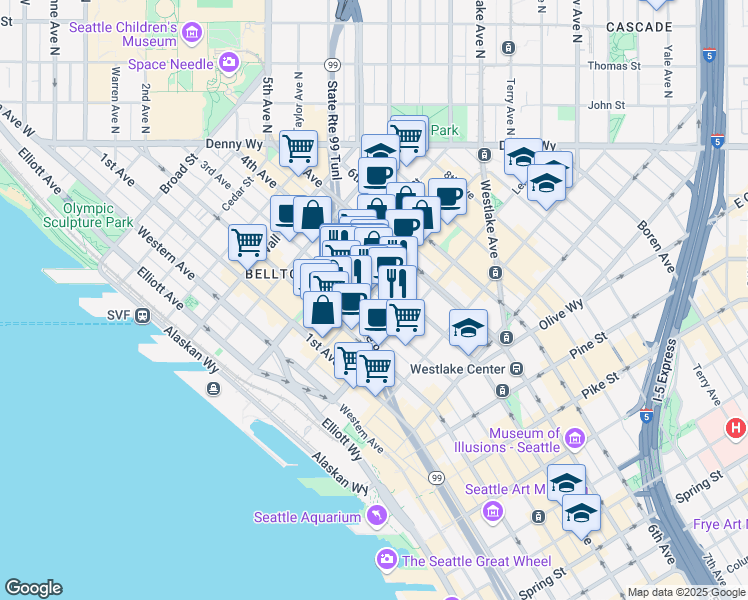 map of restaurants, bars, coffee shops, grocery stores, and more near 318 Blanchard Street in Seattle
