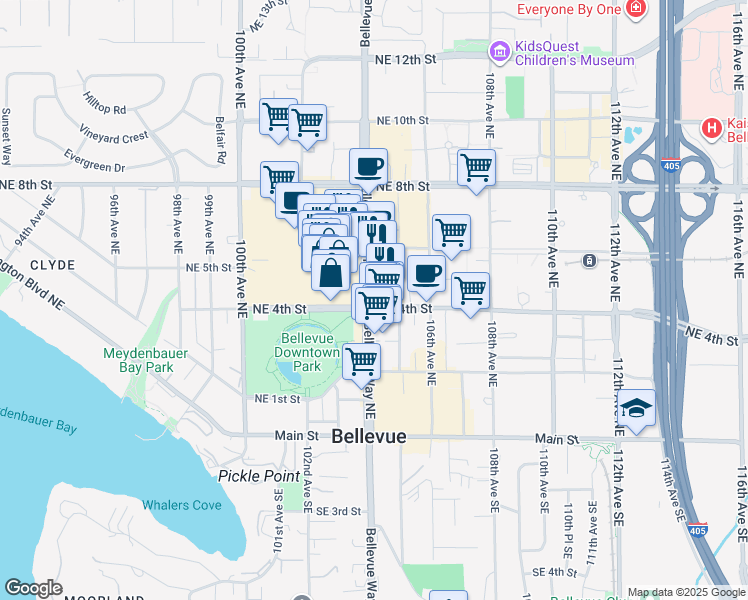 map of restaurants, bars, coffee shops, grocery stores, and more near 10400 Northeast 4th Street in Bellevue