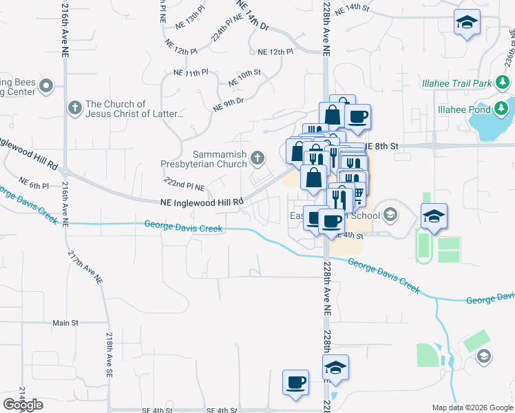 map of restaurants, bars, coffee shops, grocery stores, and more near 22431 Northeast Inglewood Hill Road in Sammamish