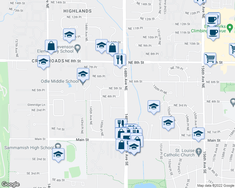 map of restaurants, bars, coffee shops, grocery stores, and more near 470 147th Place Northeast in Bellevue