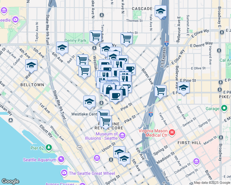 map of restaurants, bars, coffee shops, grocery stores, and more near 769 Stewart Street in Seattle