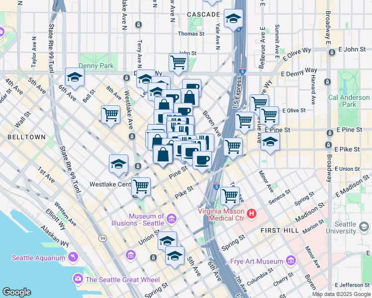 map of restaurants, bars, coffee shops, grocery stores, and more near 809 Olive Way in Seattle