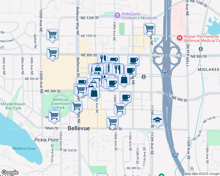 map of restaurants, bars, coffee shops, grocery stores, and more near 411 108th Avenue Northeast in Bellevue