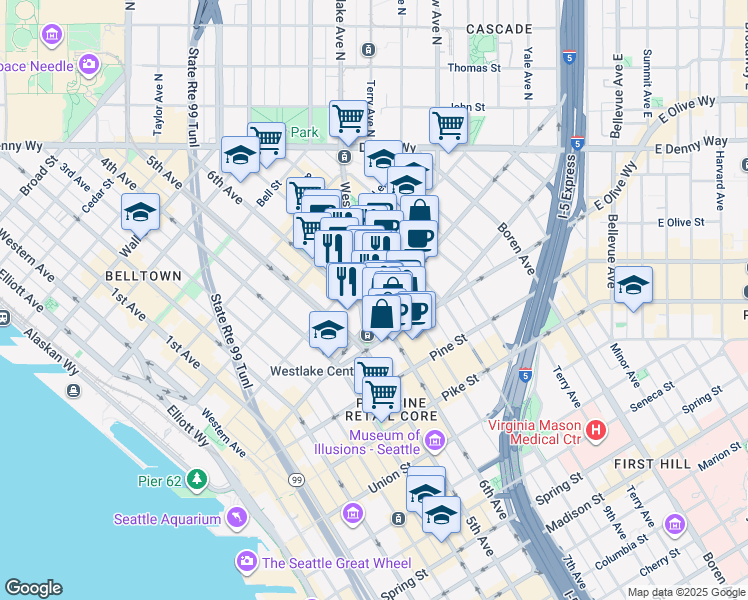 map of restaurants, bars, coffee shops, grocery stores, and more near 1913 7th Avenue in Seattle