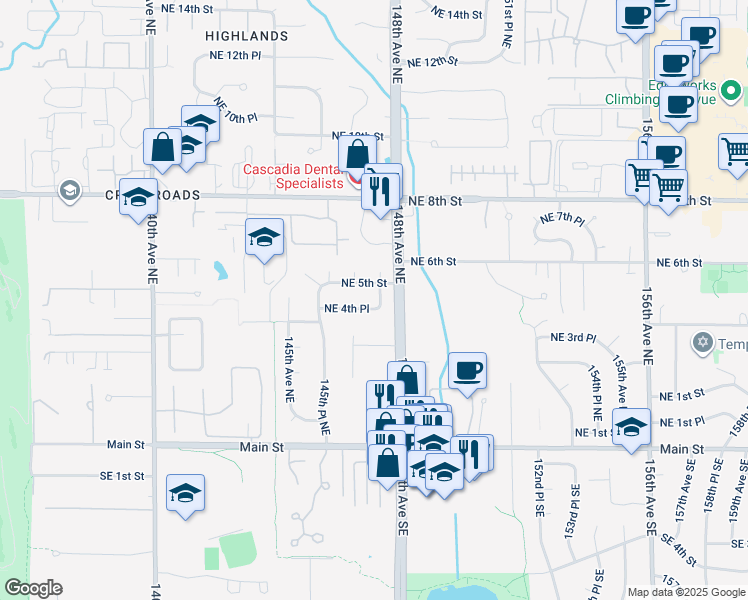 map of restaurants, bars, coffee shops, grocery stores, and more near 470 147th Place Northeast in Bellevue