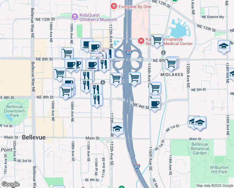 map of restaurants, bars, coffee shops, grocery stores, and more near 404 112th Avenue Northeast in Bellevue