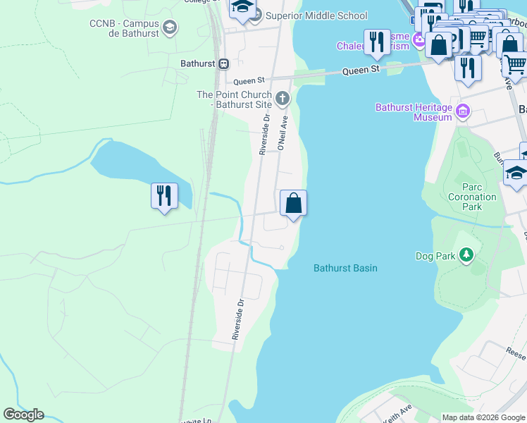 map of restaurants, bars, coffee shops, grocery stores, and more near 975 Riverside Drive in Bathurst