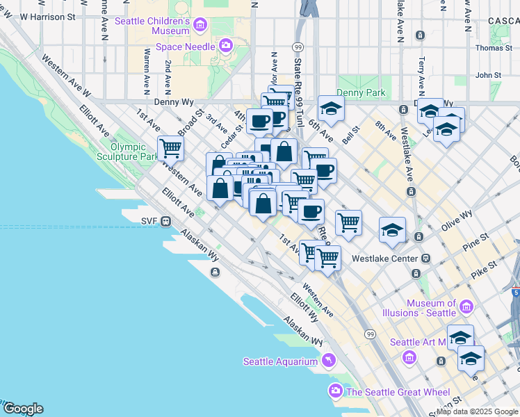 map of restaurants, bars, coffee shops, grocery stores, and more near in Seattle